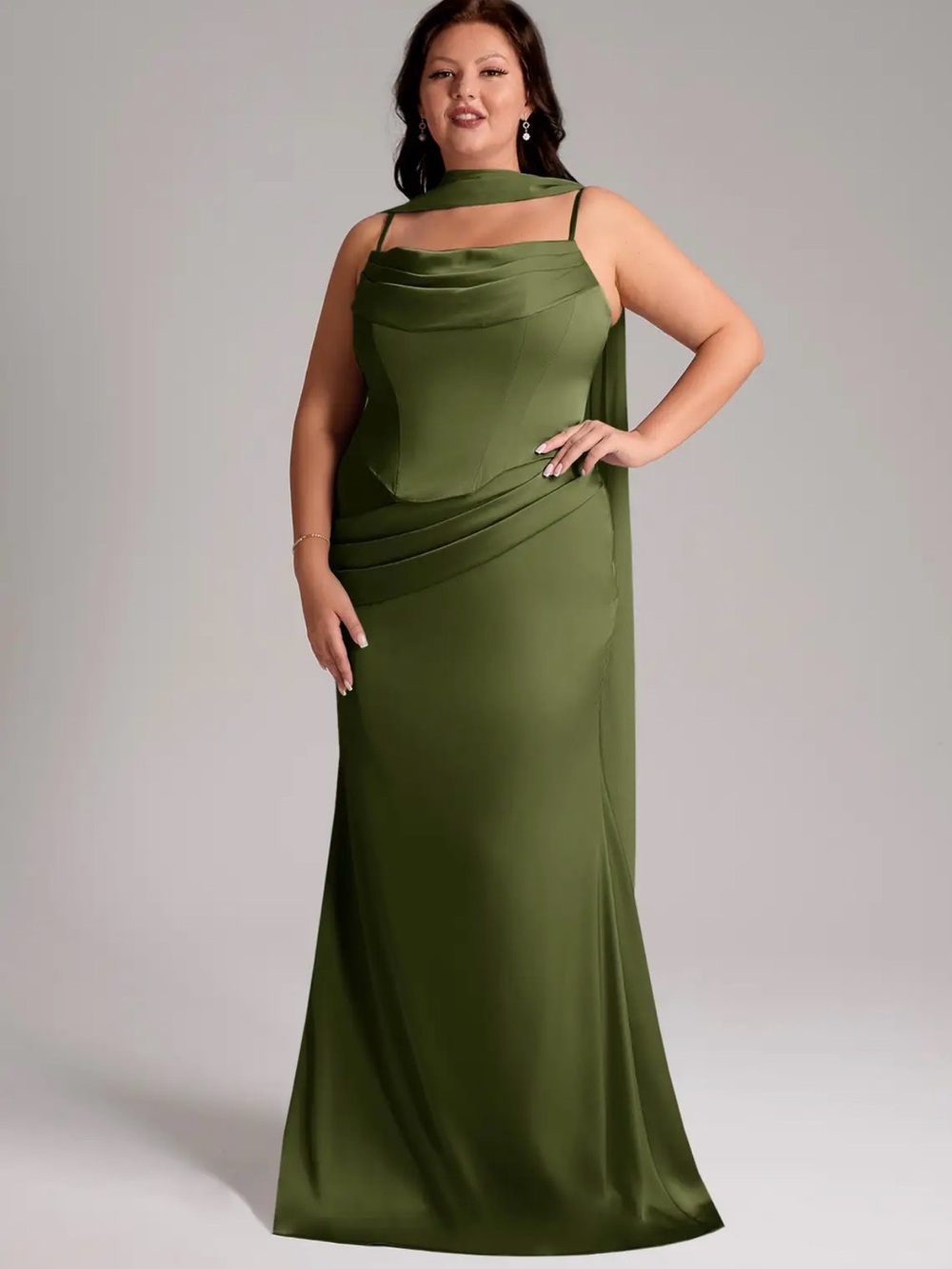 Elegant Olive Green Evening Gown with Drape Detail. 2 pcs set